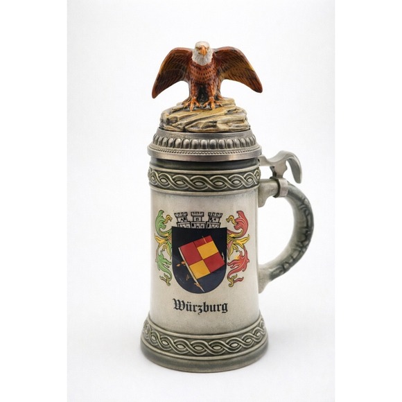 Vintage Gerz German Beer Stein Wurzburg Eagle Lid 94% Zinn Pewter Germany